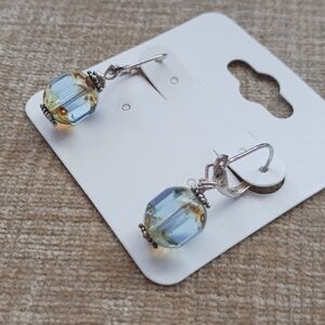Silver Leverback Beveled Denim Brown Glass Beaded Dangle Earrings